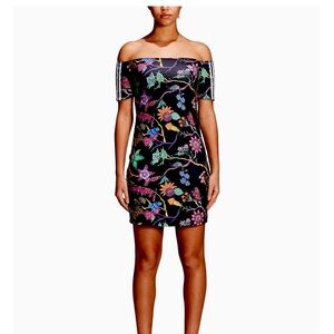 ADIDAS Reversible Floral/Black Mini Bodycon Dress with Off the Shoulder Sleeves